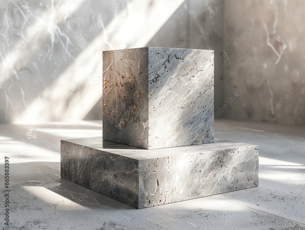 Contemporary gray template with a granite pedestal and sleek lines, light background emphasizing geometry Contemporary gray template with a granite pedestal and sleek lines, light background emphasizing geometry