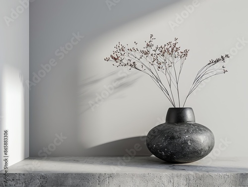 Chic gray monochrome mockup with a textured granite pedestal, light background for a refined look