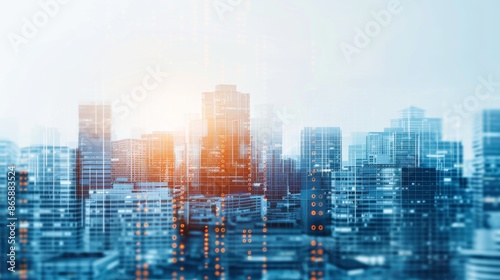 Modern urban cityscape with high-rise buildings and sunrise, showcasing futuristic architecture and vibrant economic growth.