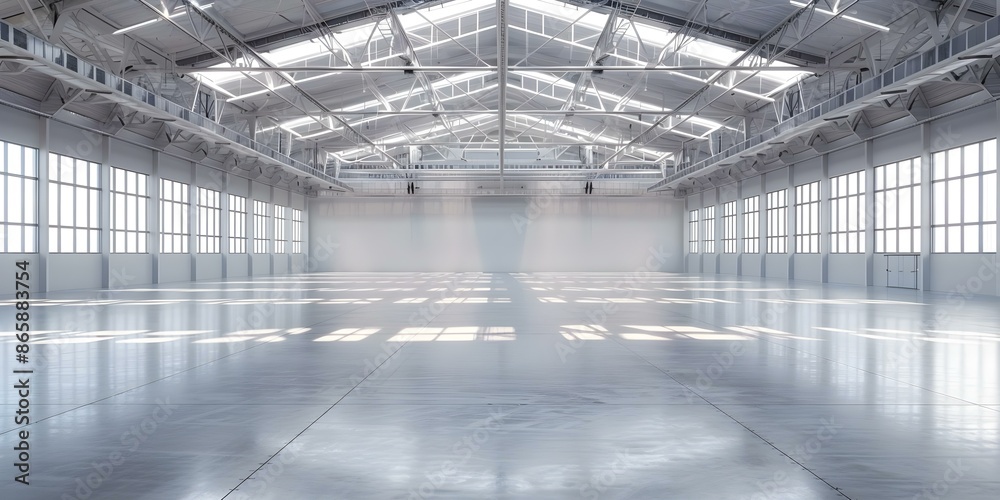 3D rendering of an empty warehouse lot with large hangar building. Concept Industrial Real Estate, Warehouse Construction, Architecture Visualization, Commercial Property Development 3D rendering of an empty warehouse lot with large hangar building. Concept Industrial Real Estate, Warehouse Construction, Architecture Visualization, Commercial Property Development