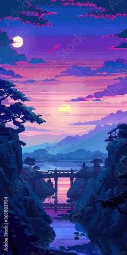 29 Pixelated anime landscapes flat design front view digital theme animation Triadic Color Scheme