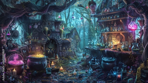 illustration of a witch's potion-making room for Halloween. 