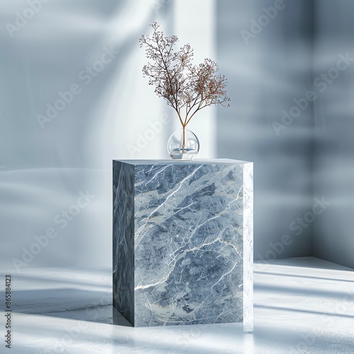 Stylish gray mockup with a smooth granite pedestal, light background highlighting the contrast in materials photo