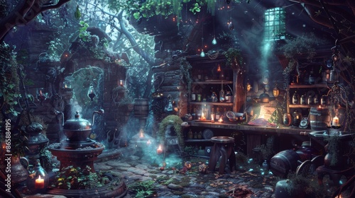 illustration of a witch's potion-making room for Halloween.  © Rustam