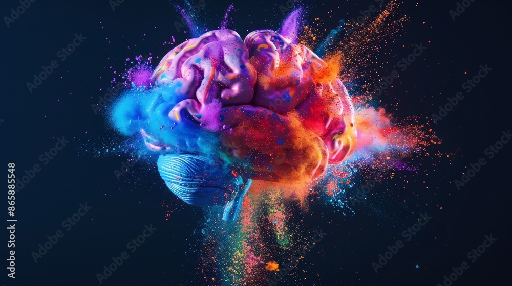Human brain made of plastic, exploded into colored powder, black background, shot with studio lights Human brain made of plastic, exploded into colored powder, black background, shot with studio lights