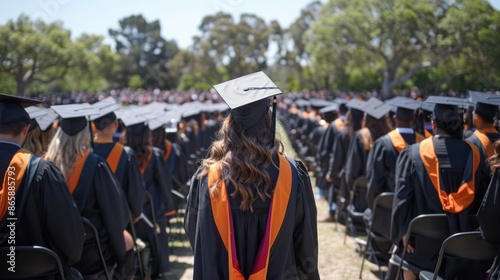 Close up smiling woman on her university graduation ceremonies. Crowded situation in a college graduation. photo