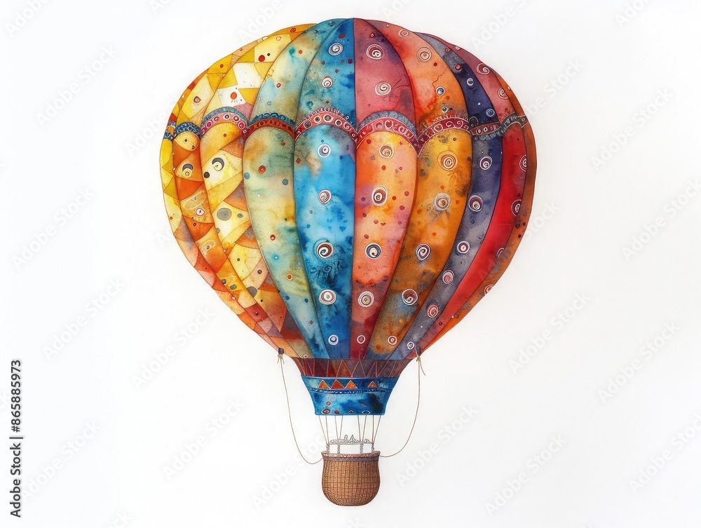 Naklejka premium An artistic watercolor rendering of a hot air balloon, with vibrant colors and detailed patterns, set against a white background