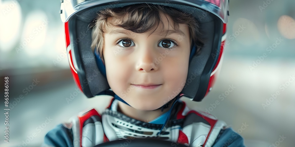 Young boy in helmet driving gokart on indoor track in clos. Concept Indoor Go-Karting, Adrenaline Rush, Racing Fun, Youthful Adventure, Speedy Excitement Young boy in helmet driving gokart on indoor track in clos. Concept Indoor Go-Karting, Adrenaline Rush, Racing Fun, Youthful Adventure, Speedy Excitement