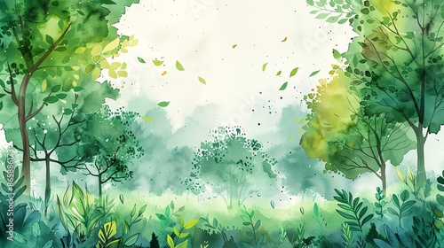 Eco-friendly background, watercolor trees and leaves with open areas for text