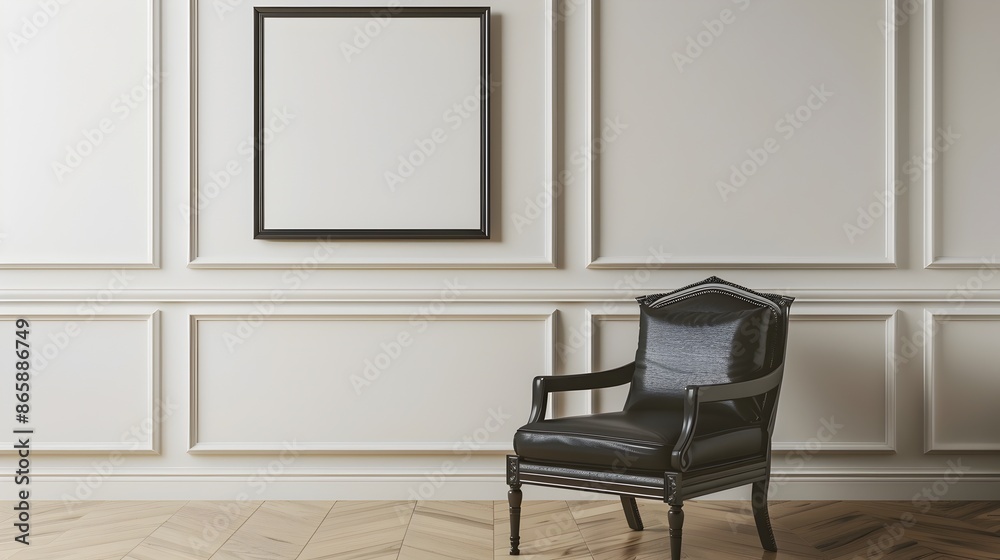 Elegant 3D Rendered Frame and Sleek Chair in a Simple Modern Interior Setting Elegant 3D Rendered Frame and Sleek Chair in a Simple Modern Interior Setting