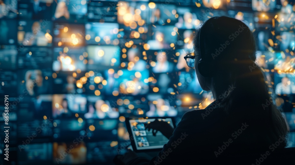 Person using a tablet in a dark room filled with multiple screens displaying content, representing digital communication and technology. Person using a tablet in a dark room filled with multiple screens displaying content, representing digital communication and technology.