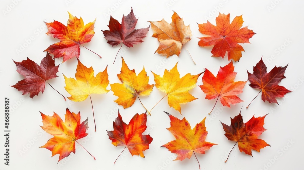Autumn maple leaves arrangement on white background from above Autumn maple leaves arrangement on white background from above