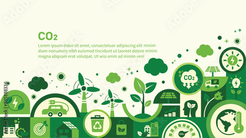 The concept of reduce co2 emission using clean energy and reduce climate change problem with flat icon vector illustration. Green environment templet infographic design for web banner.