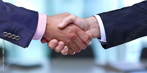Depiction of two business professionals shaking hands at a table representing different management styles. Concept Business Professionals, Handshake, Management Styles, Collaboration, Negotiation © Ян Заболотний