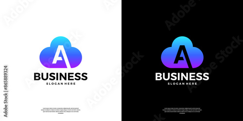 Abstract cloud tech logo design. Modern letter A in the cloud database server logo.