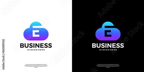 Abstract cloud tech logo design. Modern letter E in the cloud database server logo.