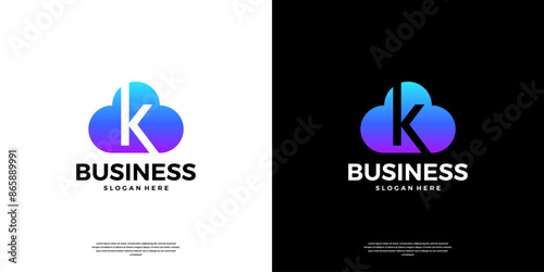 Abstract cloud tech logo design. Modern letter K in the cloud database server logo.
