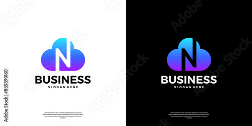 Abstract cloud tech logo design. Modern letter N in the cloud database server logo.