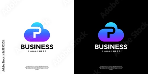 Abstract cloud tech logo design. Modern letter P in the cloud database server logo.