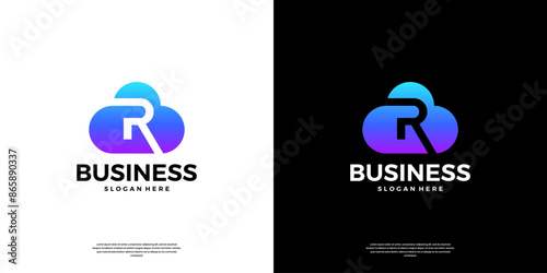 Abstract cloud tech logo design. Modern letter R in the cloud database server logo.