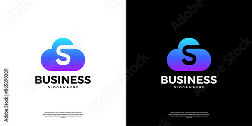 Abstract cloud tech logo design. Modern letter S in the cloud database server logo.