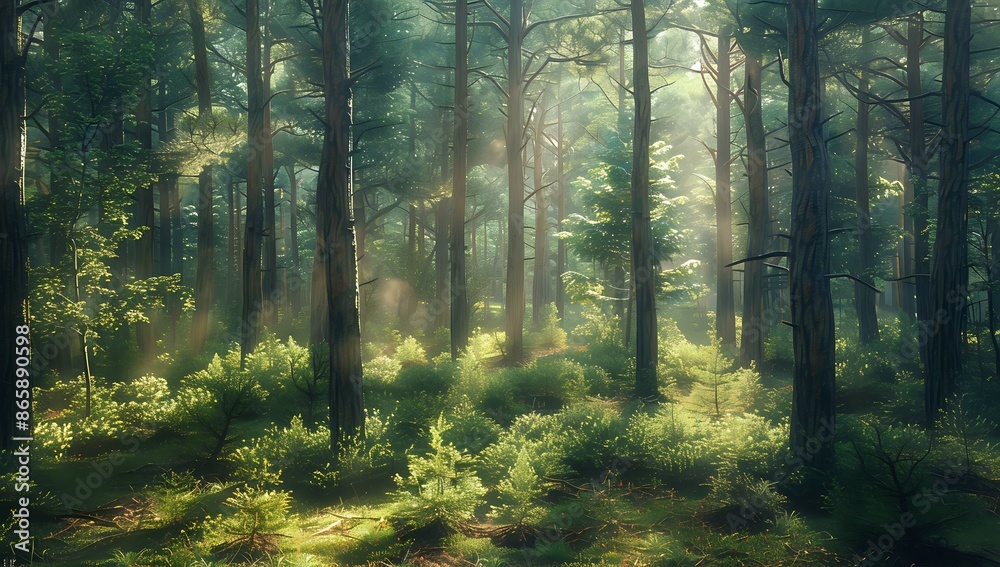 Sunbeams through Misty Forest. Tranquil Woodland Scene Sunbeams through Misty Forest. Tranquil Woodland Scene