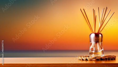 una mesa de maera con un porta vasos y un difusor de aroma con palos de bambu para aromatizar o ambientar el lugar con un fondo detras en color naranja degradado con espacio para copiar photo