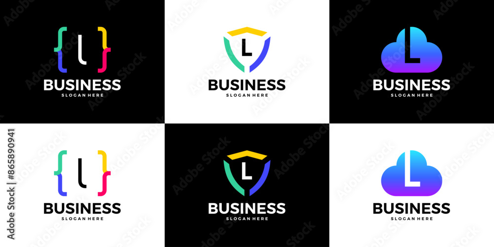 Set of letter L tech cloud, shield, coding logo design template. Set of letter L tech cloud, shield, coding logo design template.