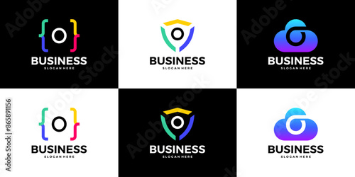 Set of letter O tech cloud, shield, coding logo design template.