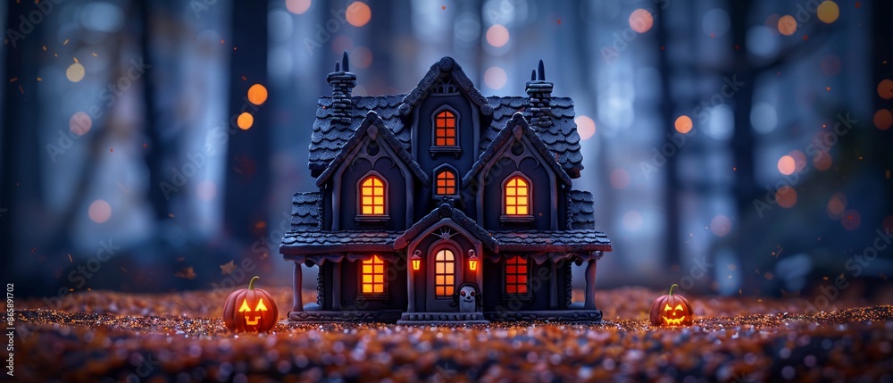 Obraz premium Halloweenthemed haunted gingerbread house, spooky decorations, warm tones, detailed illustration, intricate and festive