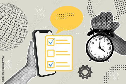 Trendy halftone collage. Hand holding a ringing alarm clock and hand with phone,used for paperless online approval . Document management concept.Vector business concepts for graphic and web design