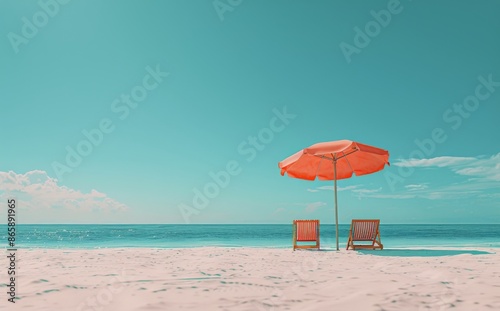 Two Beach Chairs and Umbrella on a Sunny Beach