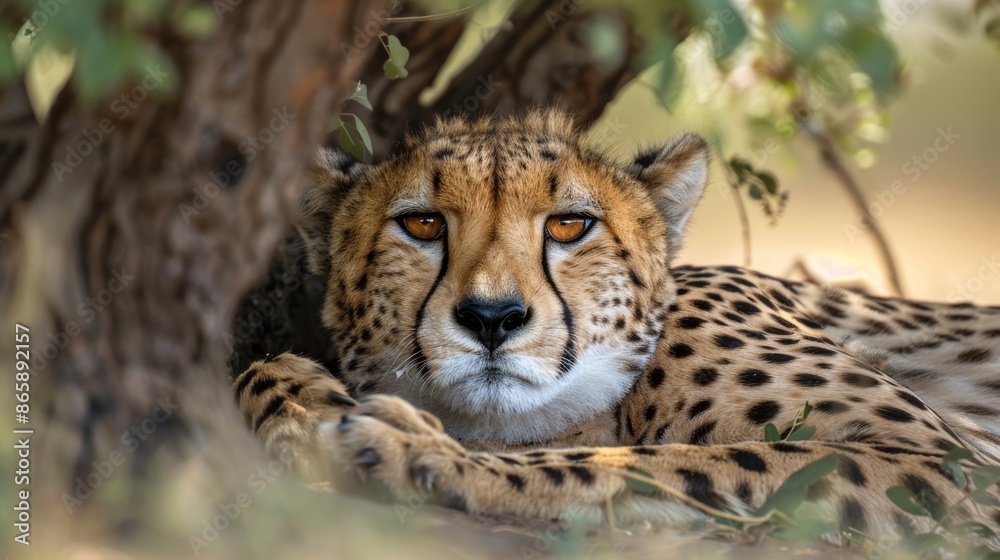 Portrait of a Cheetah Resting Under an Acacia Tree Portrait of a Cheetah Resting Under an Acacia Tree