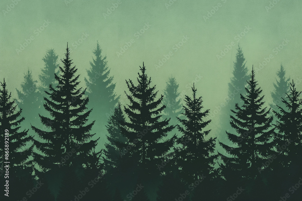 A forest of trees with a misty, hazy atmosphere