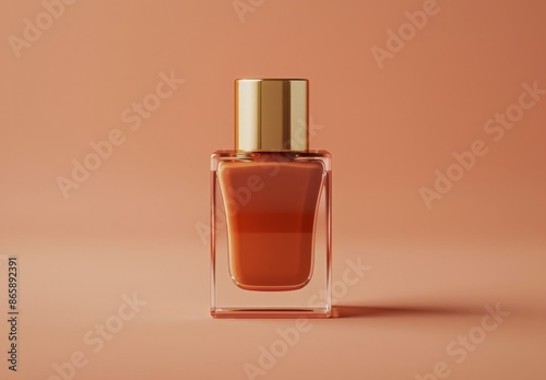 Glass Perfume Bottle With Gold Cap On Orange Background