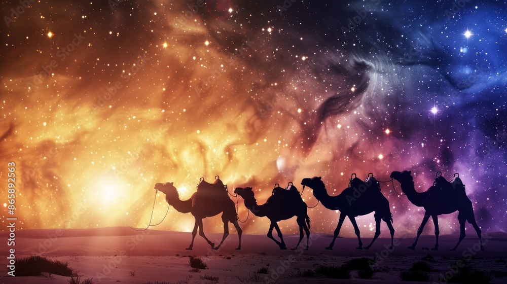 Fototapeta premium silhouette camels walking on the desert at night on background space and nebula