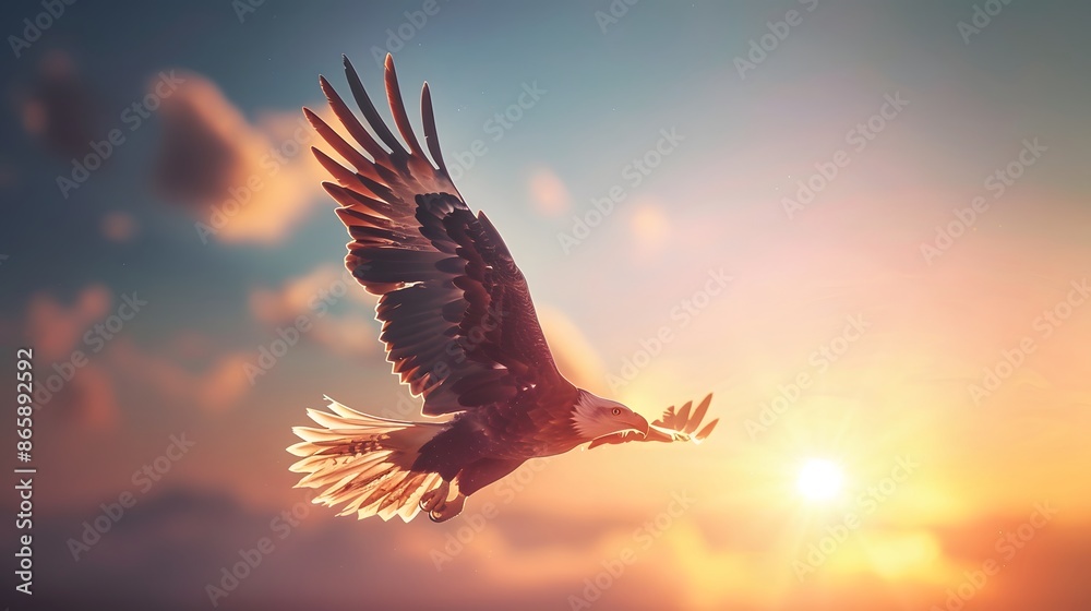 Obraz premium A majestic eagle soars through the sky at sunset, wings outstretched, against a backdrop of golden clouds.
