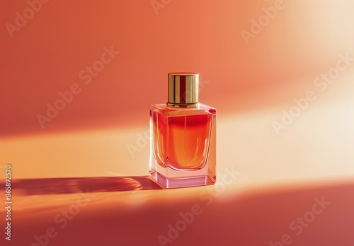 Square Glass Perfume Bottle With Gold Cap on Orange and Pink Gradient Background