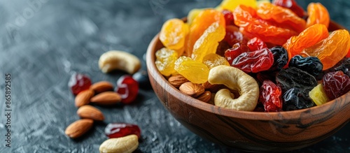 Assorted dried fruits and nuts in a wooden bowl with space for text. Celebrating the Jewish holiday Tu Bishvat with a variety of candied fruits. photo