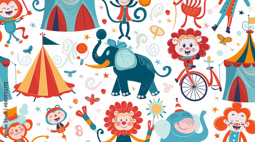 Naklejka premium A colorful and whimsical scene of circus animals and clowns