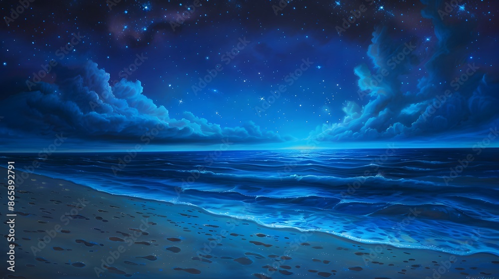 Fototapeta premium A serene night scene with a starry sky over a calm ocean and a sandy beach.