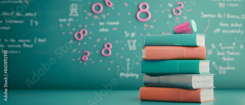 A stack of books against a green chalkboard with hand drawn numbers and letters.