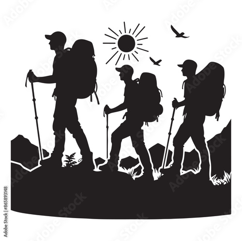 Hiker silhouette of a trekking Hiker vector on isolated white background.