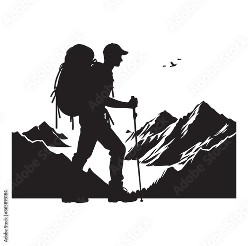 Hiker silhouette of a trekking Hiker vector on isolated white background.