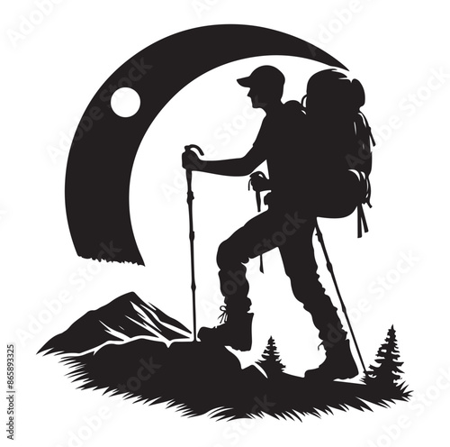 Hiker silhouette of a trekking Hiker vector on isolated white background.