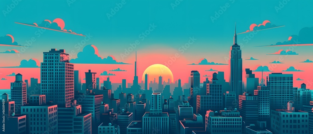 Sunrise over a city skyline with tall buildings and pink clouds. Sunrise over a city skyline with tall buildings and pink clouds.