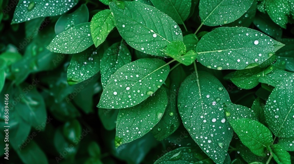 Fototapeta premium A close-up of green leaves with dew drops, showcasing the beauty of nature after a rain shower.