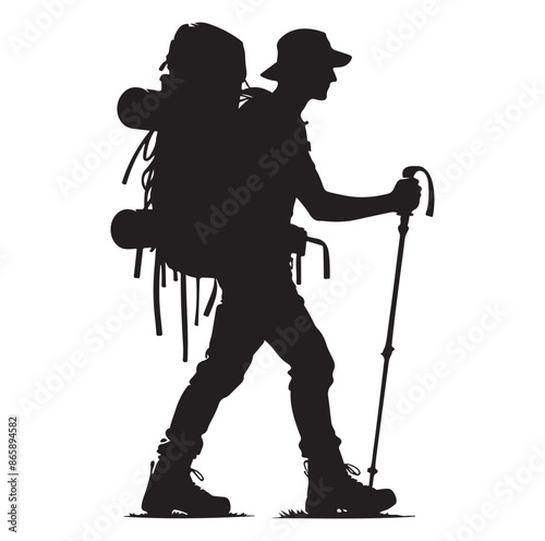 Hiker silhouette of a trekking Hiker vector on isolated white background.