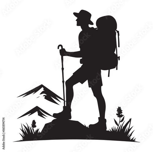 Hiker silhouette of a trekking Hiker vector on isolated white background.