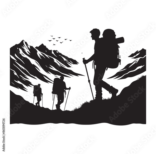 Hiker silhouette of a trekking Hiker vector on isolated white background.